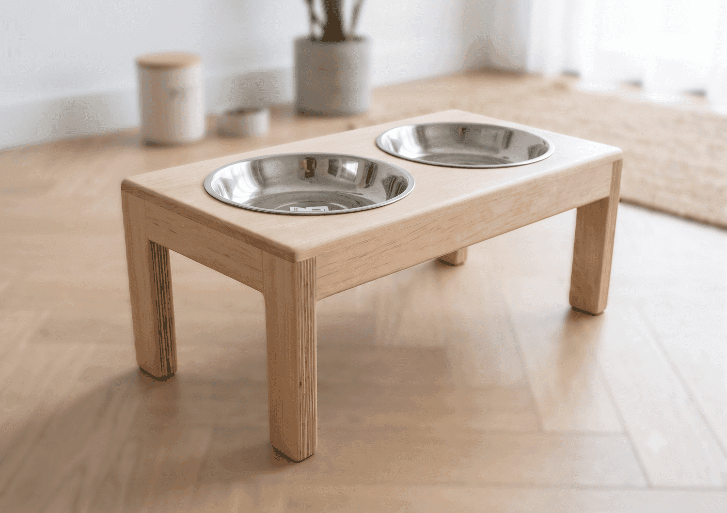 Wooden double dog bowl stand with stainless bowls