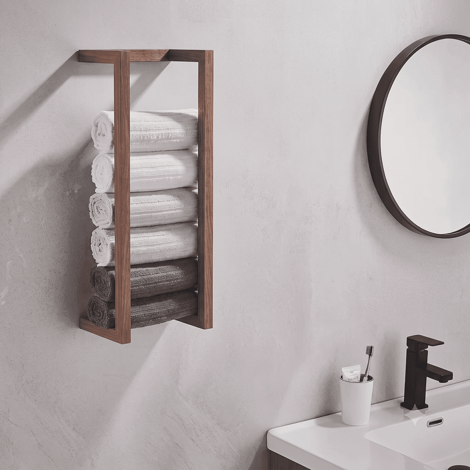 Wooden towel rack installed in a bathroom