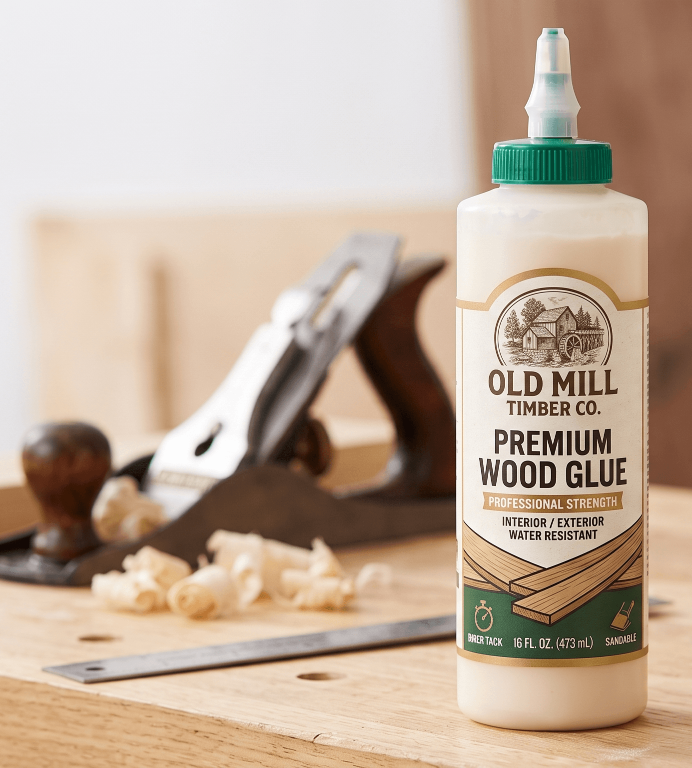 Old Mill Timber Co premium wood glue bottle